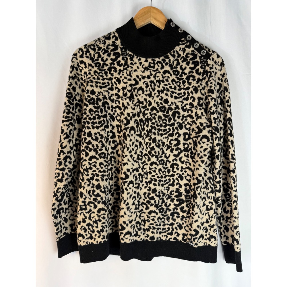 Calvin Klein Womens Leopard Print Mock Neck Button‎ Shoulder Sweater M - Picture 2 of 12